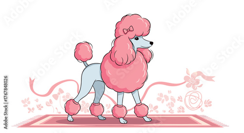 Cartoon of a pink poodle standing on a pink rug with floral elements in the background exudes a whimsical and elegant charm.