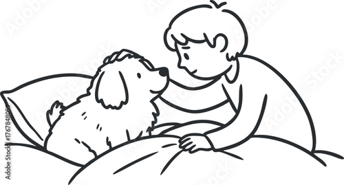 A child sitting in bed with a dog, sharing a moment of affection and companionship.