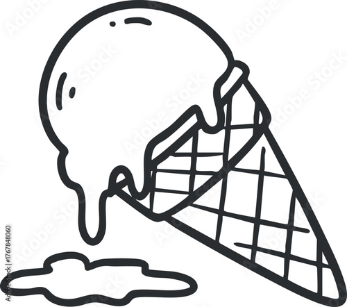 A melting ice cream cone with a scoop on top and dripping sides.