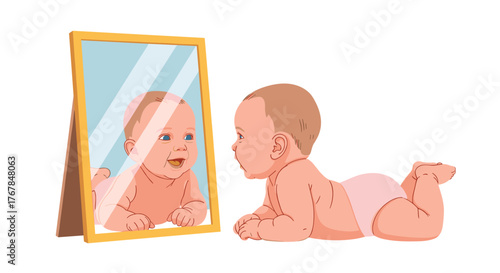 A baby is looking at its reflection in a mirror, showing self-recognition and early development stages.