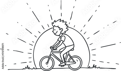 A child riding a bicycle at sunset surrounded by rays of light and nature.
