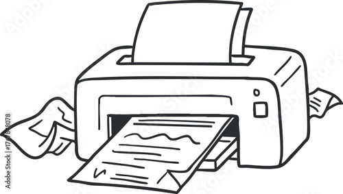 A simple illustration of a printer producing printed documents in an office setting.