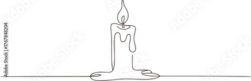 Minimalist continuous line drawing of a lit candle flame light