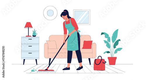 Woman wearing an apron cleaning the house by mopping the floor in a room with a sofa, potted plant, side table with lamp, and wall decorations.