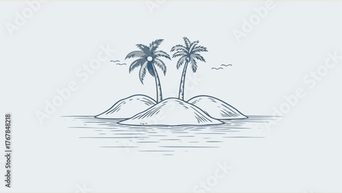 Desert island with palm trees, minimalist ocean beach illustration. Vector art. Three hills, two palm trees
