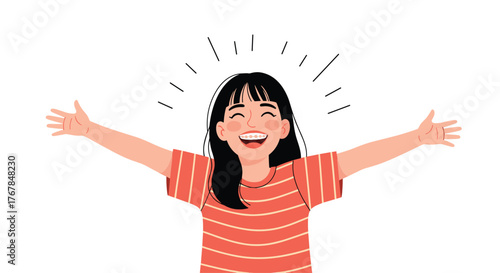 A smiling young girl with black hair and braces throws her arms wide open in celebration.