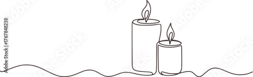 Two minimalist line drawing candles burning flame