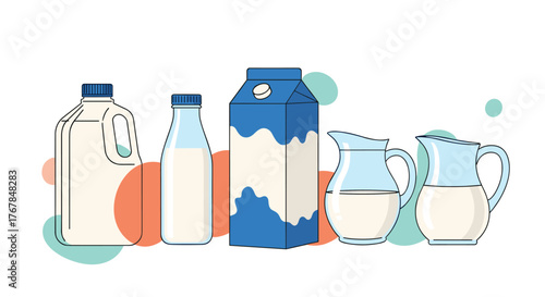 Assorted containers filled with milk product in jugs, carton and bottles represent dairy industry packaging and consumption.