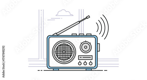 An illustration of a retro radio with an extended antenna emitting sound waves, suggesting broadcasting or listening to music or news.