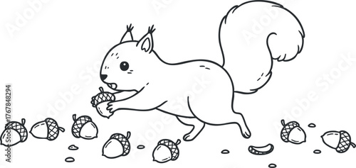 A playful cartoon squirrel collecting acorns in a whimsical forest setting.