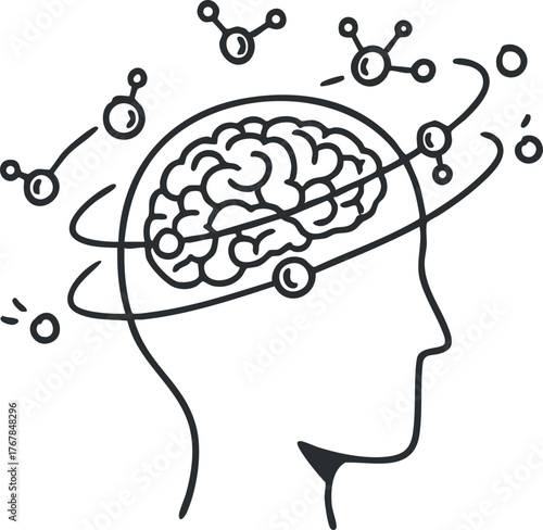 Illustration of a human head with a brain surrounded by abstract symbols representing thoughts and ideas.