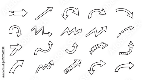 A collection of 20 hand-drawn arrow icons in various styles and directions, presented on a white background.