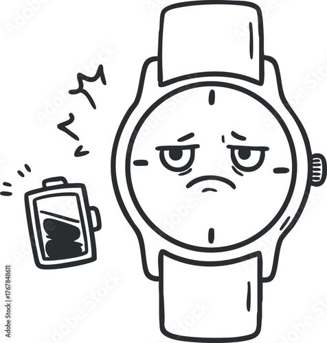 A sad cartoon watch with a low battery indicator expressing disappointment and frustration.