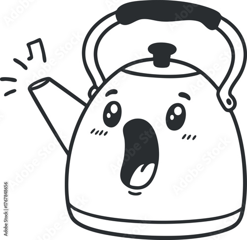 A cheerful cartoon kettle with a smiling face and a whistling sound effect illustration