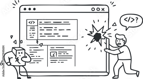 Two characters working together on a computer screen to solve a coding problem.