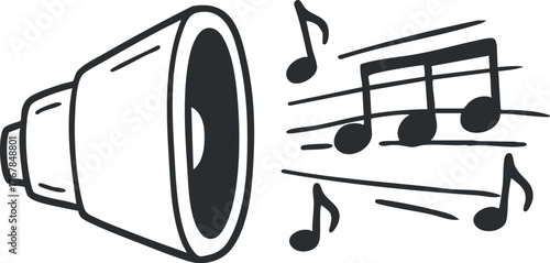 A stylized illustration of a loudspeaker emitting musical notes in a creative design