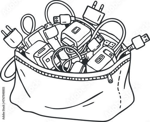 A bag filled with various tangled cables and chargers for electronic devices.