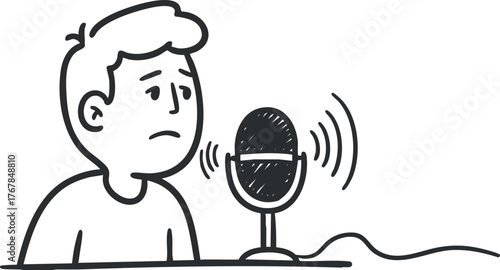 A sad person sitting in front of a microphone, illustrating emotions in audio recording.