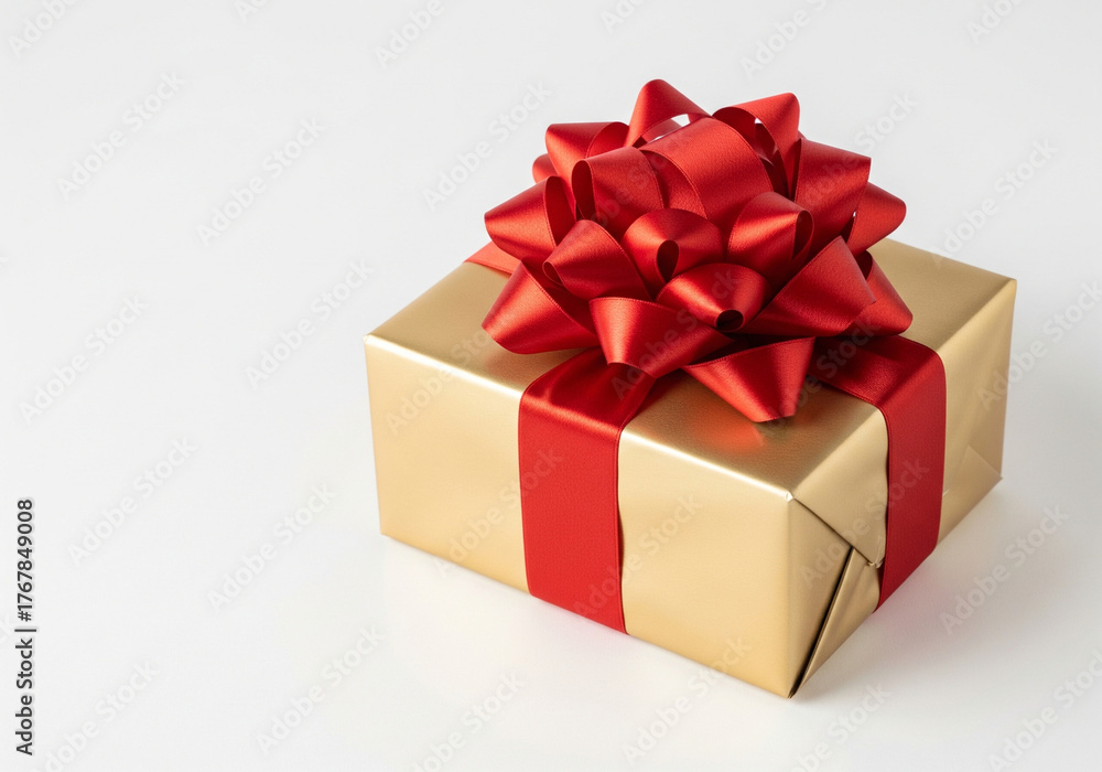 Fototapeta premium Elegant and Simple Christmas Gift Box Wrapped in Gold Paper with a Red Ribbon on a White Background with Copy Space