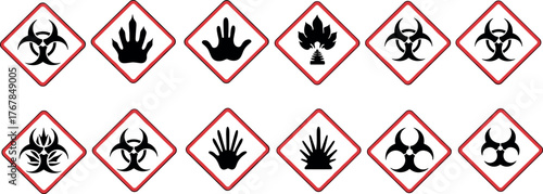 Set of hazard symbols for safety warnings with red border