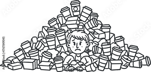 A sad boy surrounded by a large pile of waste containers illustrating environmental pollution concerns.