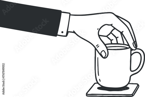A hand reaching for a coffee cup on a saucer, ideal for lifestyle and beverage themes.