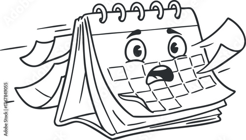 A cartoon calendar character with an expressive face in motion, showcasing playful and humorous design.
