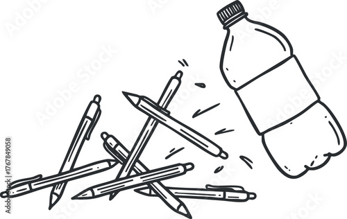 A hand-drawn illustration of a plastic bottle surrounded by various pens and pencils.