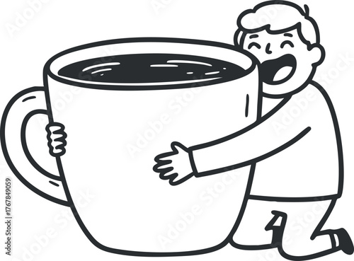 A cheerful character joyfully hugging an oversized coffee cup, symbolizing love for coffee.