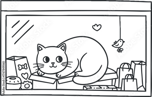 A playful cat lounging in a window surrounded by toys and shopping bags.