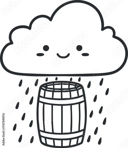A cheerful cloud raining over a cute smiling barrel in a playful cartoon style.