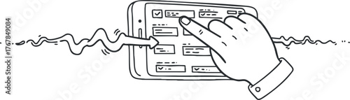 A hand interacting with a mobile phone touchscreen displaying digital applications and notifications.