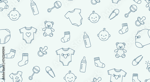Seamless pattern of cute baby icons in outline style on a light blue background.