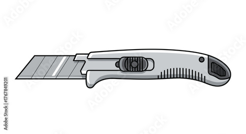 Illustration of a utility knife, commonly used for cutting materials like paper and cardboard, on a white background, isolated.