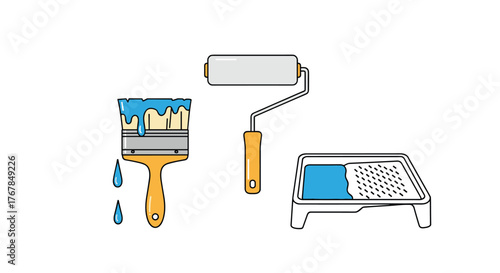 Painting tools: paintbrush, roller, and paint tray with blue paint against a white background.