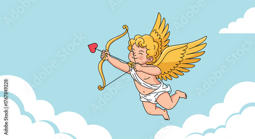 Adorable cartoon Cupid with golden wings and curly hair flies through a light blue sky, aiming a bow with a heart-tipped arrow.