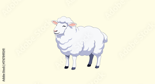 A cute and fluffy white cartoon sheep stands smiling against a simple, solid light yellow background, radiating a sense of calm and happiness.