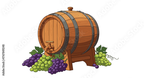 An illustration depicting a wooden wine barrel surrounded by bunches of grapes, suggesting winemaking and vintage themes.