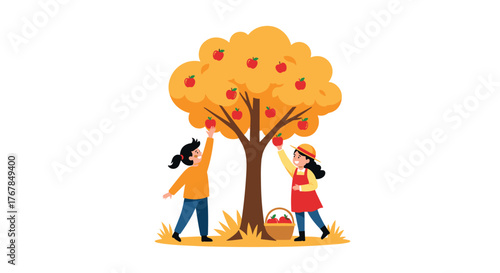 Two children picking red apples from a vibrant, autumn-colored tree on a sunny day.