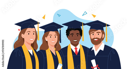 A diverse group of four graduates in academic regalia celebrate their achievement together.