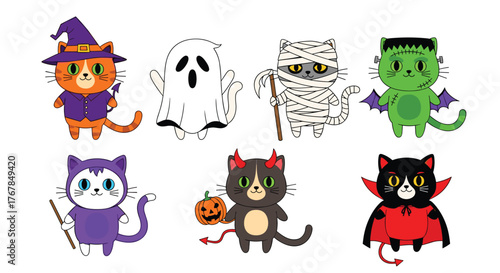 A collection of cute cartoon cats in various Halloween costumes, including a witch, ghost, mummy, Frankenstein, devil, and vampire.
