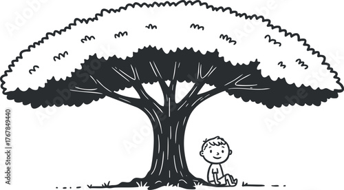 A playful child sitting under a large tree enjoying nature's shade and tranquility.