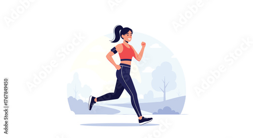 Fit woman in sportswear jogging outdoors in a park with trees and a path.