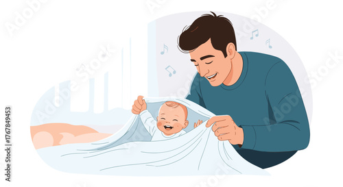 Father playing peek-a-boo with his baby, bringing joy and happiness with playful interaction and love.