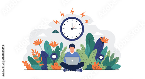 Illustration of a person working on a laptop amidst plants with a clock above, representing productivity and time management.