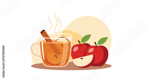 A steaming mug of hot apple cider with a cinnamon stick and apple slices, accompanied by fresh red apples.