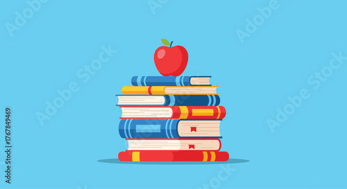 A stack of colorful books topped with a red apple on a bright blue background.