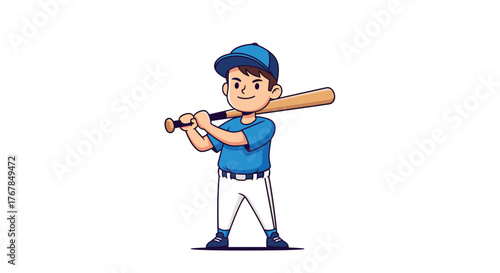Cartoon illustration of a boy wearing a baseball uniform and cap while holding a wooden bat ready to hit the ball.