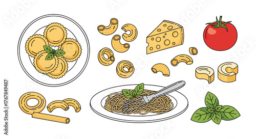 A colorful illustration featuring various pasta dishes and ingredients like cheese, tomato, and basil, perfect for culinary and food-related projects.