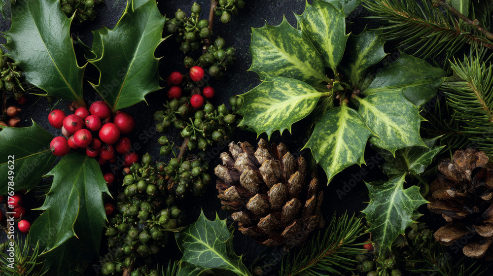 Obraz premium Natural winter and christmas background with holly, ivy, mistletoe, and pine cones for festive seasonal greeting cards